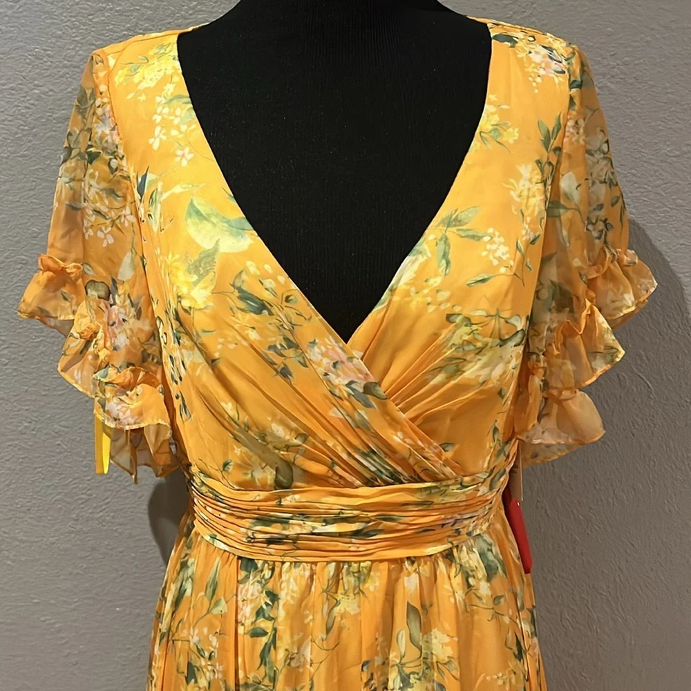 Mac Duggal Yellow Multicolor Flounce Sleeve Floral Maxi Dress NWT